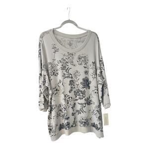 Sonoma Lifestyle NWT Womens 2X Sweater Grey Floral Ribbed Hem 3/4 Sleeve